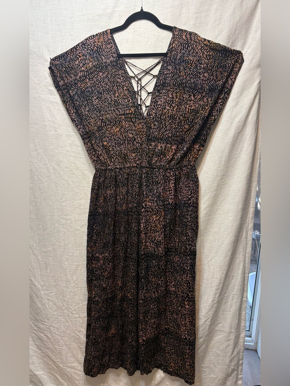 World Market Boho Wide Leg Jumpsuit Rayon XL Abstract Lace Up Back